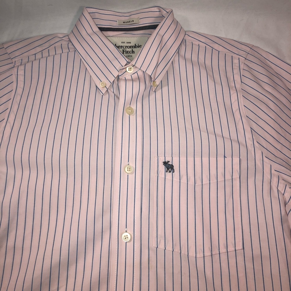 Men’s Abercrombie & Fitch Striped Long Sleeve Button Up Shirt Size Medium Pink - Picture 2 of 6